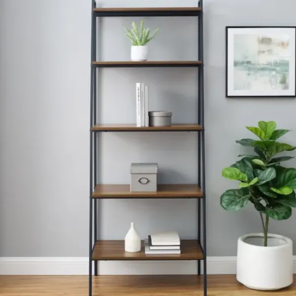 Bookshelves-Kirkland's Home Dark Walnut Industrial Ladder Shelf Brown