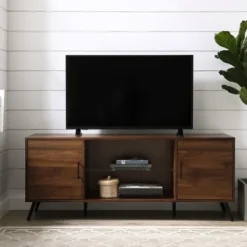 Tv Stands & Media Consoles-Kirkland's Home Dark Walnut Mid-Century 2-Door Media Cabinet Brown