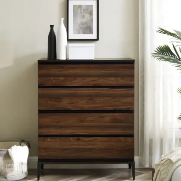 Dressers & Chests-Kirkland's Home Dark Walnut Midcentury Four-Drawer Chest Brown