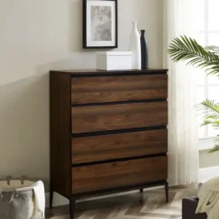 Dressers & Chests-Kirkland's Home Dark Walnut Midcentury Four-Drawer Chest Brown