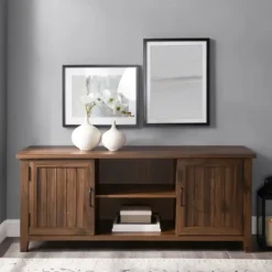 Tv Stands & Media Consoles-Kirkland's Home Dark Walnut Modern Farmhouse Tv Stand Brown