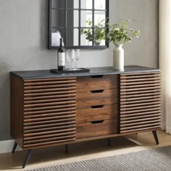 Cabinets & Sideboards-Kirkland's Home Dark Walnut Slatted 4-Drawer Cabinet Brown