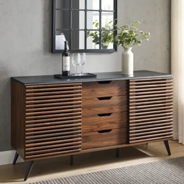 Cabinets & Sideboards-Kirkland's Home Dark Walnut Slatted 4-Drawer Cabinet Brown
