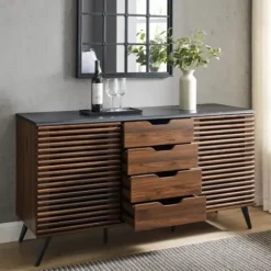 Cabinets & Sideboards-Kirkland's Home Dark Walnut Slatted 4-Drawer Cabinet Brown