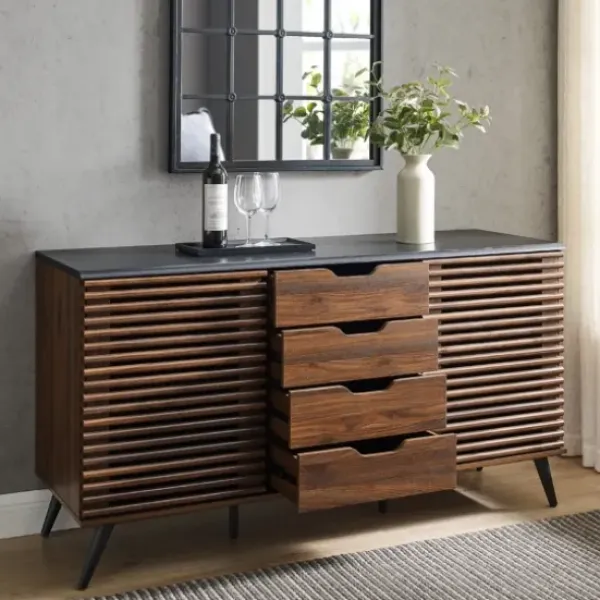 Cabinets & Sideboards-Kirkland's Home Dark Walnut Slatted 4-Drawer Cabinet Brown