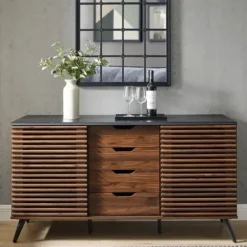 Cabinets & Sideboards-Kirkland's Home Dark Walnut Slatted 4-Drawer Cabinet Brown