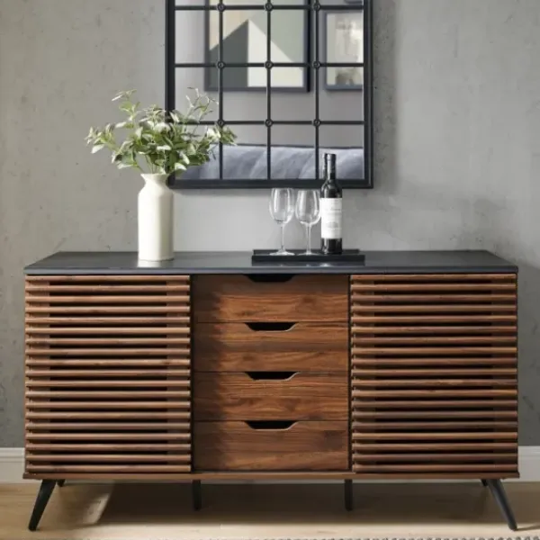 Cabinets & Sideboards-Kirkland's Home Dark Walnut Slatted 4-Drawer Cabinet Brown