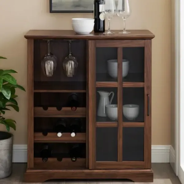 Cabinets & Sideboards-Kirkland's Home Dark Walnut Sliding Glass Door Bar Cabinet Brown