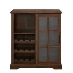 Cabinets & Sideboards-Kirkland's Home Dark Walnut Sliding Glass Door Bar Cabinet Brown