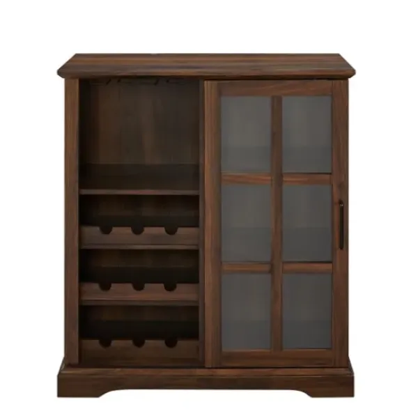 Cabinets & Sideboards-Kirkland's Home Dark Walnut Sliding Glass Door Bar Cabinet Brown