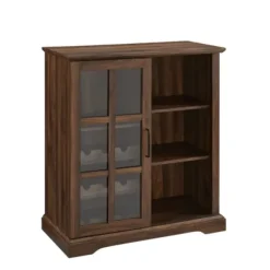 Cabinets & Sideboards-Kirkland's Home Dark Walnut Sliding Glass Door Bar Cabinet Brown