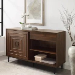 Cabinets & Sideboards-Kirkland's Home Dark Walnut Square Sliding Door Wooden Cabinet Brown