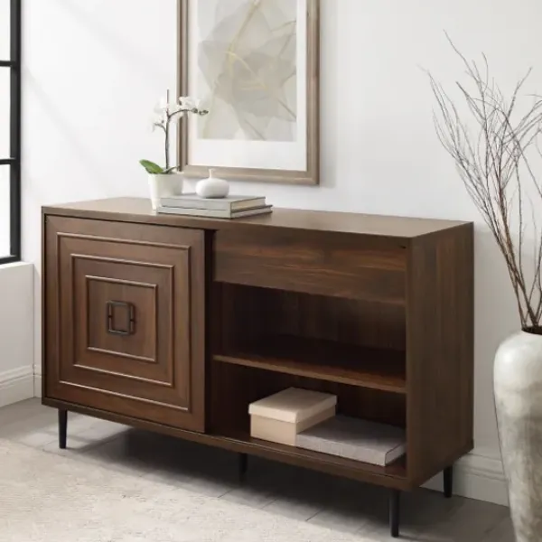 Cabinets & Sideboards-Kirkland's Home Dark Walnut Square Sliding Door Wooden Cabinet Brown