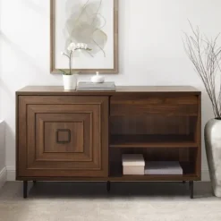 Cabinets & Sideboards-Kirkland's Home Dark Walnut Square Sliding Door Wooden Cabinet Brown