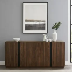 Cabinets & Sideboards-Kirkland's Home Dark Walnut Wood And Black Metal Sideboard