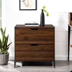 Office Furniture-Kirkland's Home Dark Walnut Wood And Iron Accent Filing Cabinet Brown