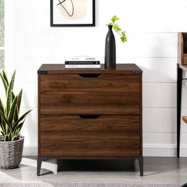 Office Furniture-Kirkland's Home Dark Walnut Wood And Iron Accent Filing Cabinet Brown