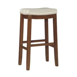 Bar Stools & Counter Height Stools-Kirkland's Home Dark Wood Bar Stool With Striped Cushion Gray