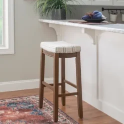 Bar Stools & Counter Height Stools-Kirkland's Home Dark Wood Bar Stool With Striped Cushion Gray