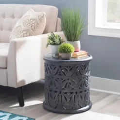 Accent & End Tables-Kirkland's Home Dark Wood Carved Detail Accent Table Gray
