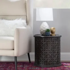 Accent & End Tables-Kirkland's Home Dark Wood Carved Medallion Accent Table Gray