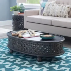 Coffee Tables-Kirkland's Home Dark Wood Carved Medallion Coffee Table Gray