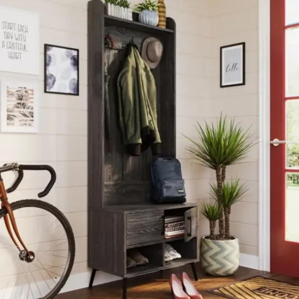 Entryway Furniture-Kirkland's Home Dark Wood Grain Hall Tree With Bench