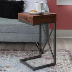 Accent & End Tables-Kirkland's Home Dark Wood Single Drawer C-Frame Accent Table Brown