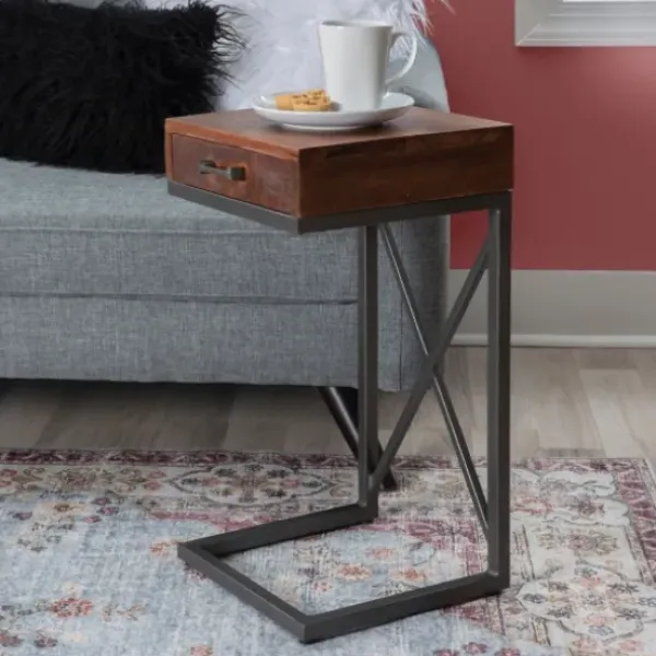 Accent & End Tables-Kirkland's Home Dark Wood Single Drawer C-Frame Accent Table Brown
