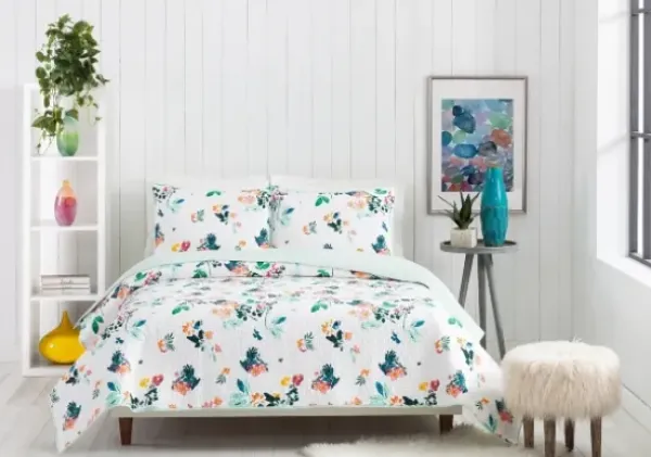 Quilts-Kirkland's Home Daydreaming Floral 3-Pc. Queen Quilt Set White/Green/Orange