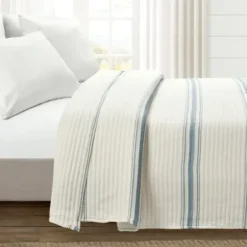Quilts-Kirkland's Home Deep Blue Pick Stitch Stripe King Quilt Blue/White