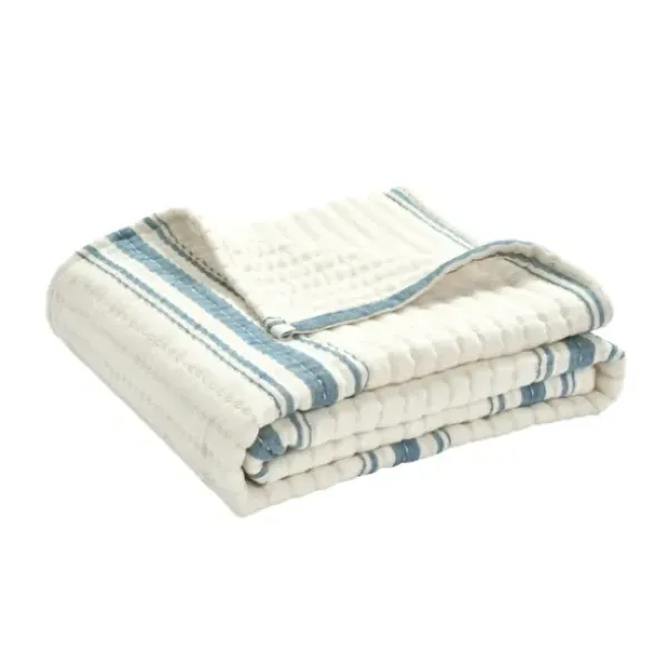 Blankets & Throws-Kirkland's Home Deep Blue Pick Stitch Stripe Decorative Throw Blue/White