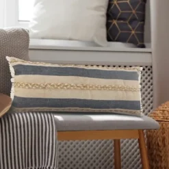 Pillows-Kirkland's Home Denim Blue Braided Stripe Lumbar Pillow Blue/Tan/White