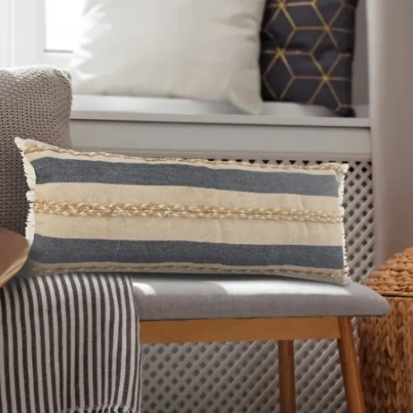 Pillows-Kirkland's Home Denim Blue Braided Stripe Lumbar Pillow Blue/Tan/White