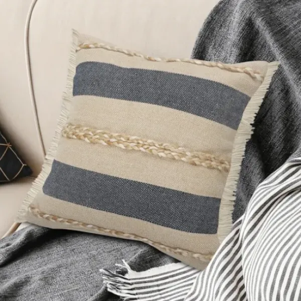Pillows-Kirkland's Home Denim Blue Braided Stripe Throw Pillow, 24 In. Blue/Tan/Ivory