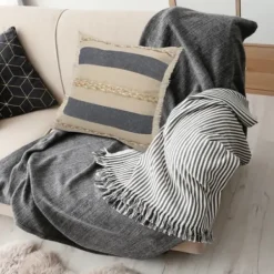 Pillows-Kirkland's Home Denim Blue Braided Stripe Throw Pillow, 20 In. Blue/Tan/Ivory