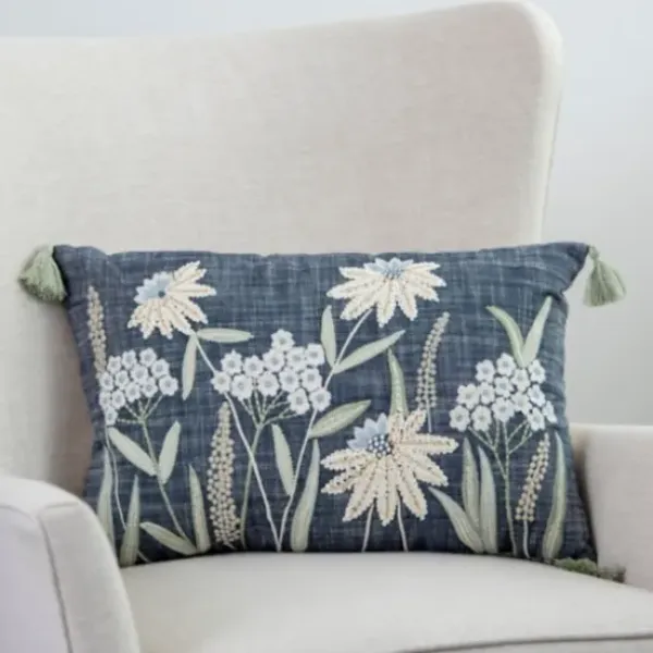 Pillows-Kirkland's Home Denim Floral Embroidered Lumbar Throw Pillow White/Blue/Green