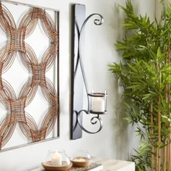 Sconces-Kirkland's Home Distressed Black Scrolled Metal Sconce