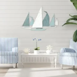 Wall Plaques-Kirkland's Home Distressed Blue Sailboats Wall Sculpture Blue/White