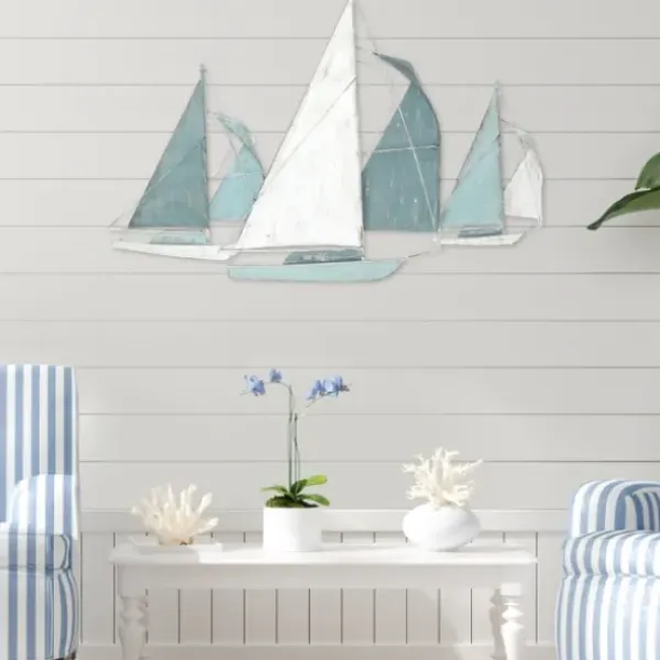 Wall Plaques-Kirkland's Home Distressed Blue Sailboats Wall Sculpture Blue/White