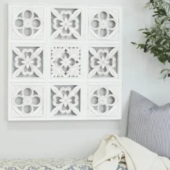 Wall Plaques-Kirkland's Home Distressed Carved Wood Floral Wall Plaque White