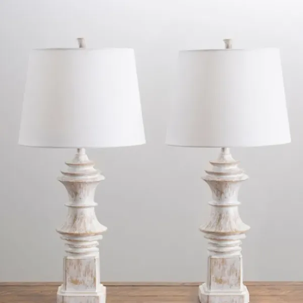Table Lamps-Kirkland's Home Distressed Cream Carved Table Lamps, Set Of 2 White