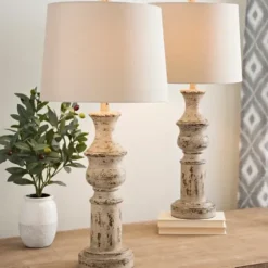 Table Lamps-Kirkland's Home Distressed Cream Table Lamps, Set Of 2 Tan