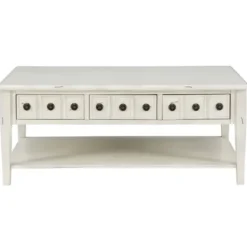 Coffee Tables-Kirkland's Home Distressed Cream Wood 3-Drawer Coffee Table Ivory