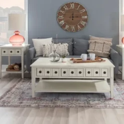 Coffee Tables-Kirkland's Home Distressed Cream Wood 3-Drawer Coffee Table Ivory