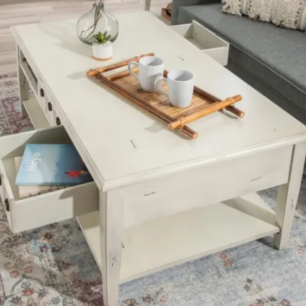 Coffee Tables-Kirkland's Home Distressed Cream Wood 3-Drawer Coffee Table Ivory