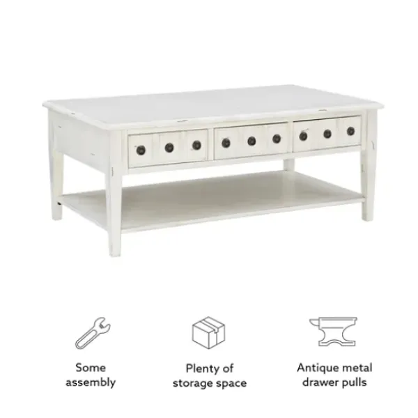 Coffee Tables-Kirkland's Home Distressed Cream Wood 3-Drawer Coffee Table Ivory