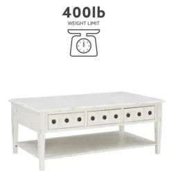 Coffee Tables-Kirkland's Home Distressed Cream Wood 3-Drawer Coffee Table Ivory