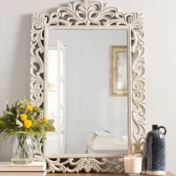Decorative Mirrors-Kirkland's Home Distressed Gray Carved Ornate Scroll Mirror