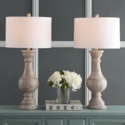 Table Lamps-Kirkland's Home Distressed Ivory Faux Wood Table Lamps, Set Of 2 White